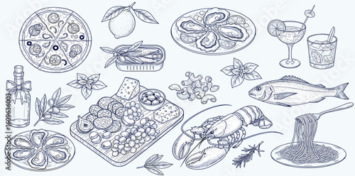 Hand drawn different mediterranean food set. Oysters, pasta, pizza, wine, charcuterie. Dolce vita table setting coast food drawings for cafe or restaurant menus design.