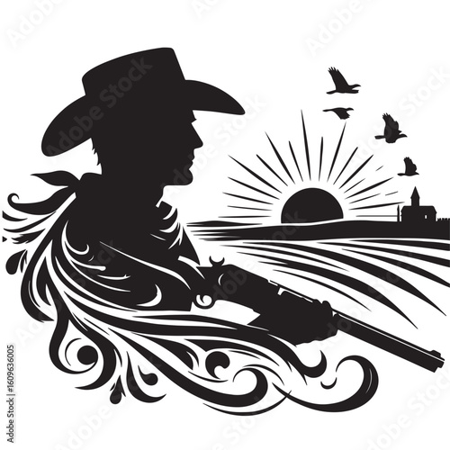 
Silhouette of a Cowboy on Horseback at Sunset

Western Cowboy Silhouette Against Dramatic Sky

Cowboy Riding Horse – Vintage Wild West Silhouette

Lone Cowboy Silhouette with Hat and Lasso

