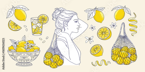 Hand drawn Italian amalfi summer vacation with lemons. Sketch doodle citrus tropical fruits. Sea weekend collection for beach party, picnic, wedding invitations. 