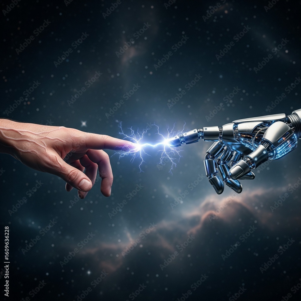 Naklejka premium Genesis Spark: Human and Android Hands Creating Life. AI Singularity Concept