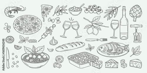 Mediterranean food set. Minimalist hand drawn food and drinks collection. Set of doodles, rough simple Italian cuisine food sketches