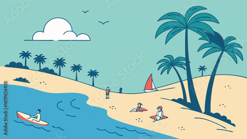 Illustration of a beautiful tropical beach scene with palm trees, ocean, and people enjoying summer vacation