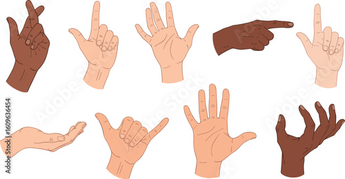Set of hands in doodle style human arms. Vector different man woman hands showing peace sign, heart, thumbup isolated on the white background