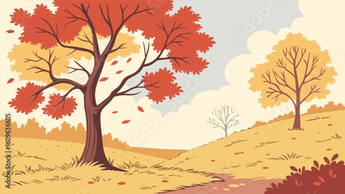 Autumn landscape illustration with fall trees and falling leaves vector design for seasonal backgrounds