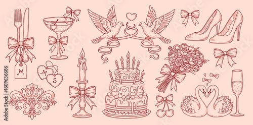 Wedding line art illustrations in doodle ink style. Dinner icons. Elegant just married party hand drawn elements