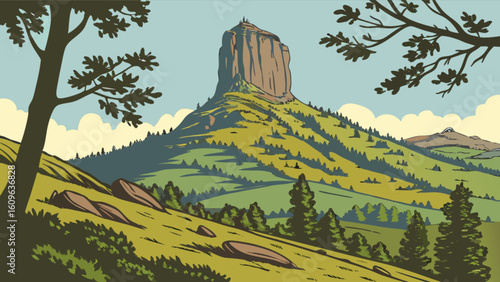 Scenic landscape illustration of mountain peak with trees and sky in vintage style art vector design