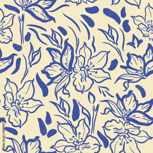 Fashion simple monochrome  blue beige color seamless pattern with tropical fl...