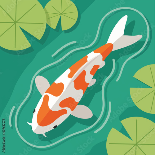 Top-down illustration of an orange and white koi fish swimming in a tranquil pond with lily pads.