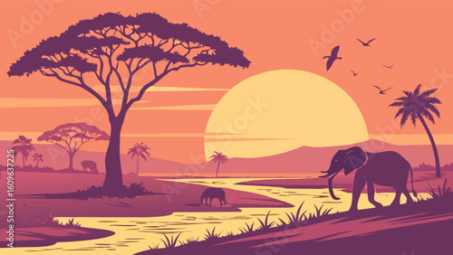 African safari landscape illustration with elephants, trees, and sunset vector background for travel posters
