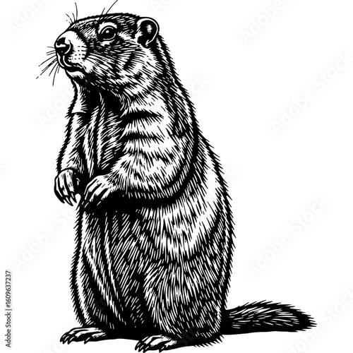 Woodcut Style Groundhog Illustration. Detailed Engraving of a Standing Woodchuck or Marmot. Black and White Wildlife Artwork.