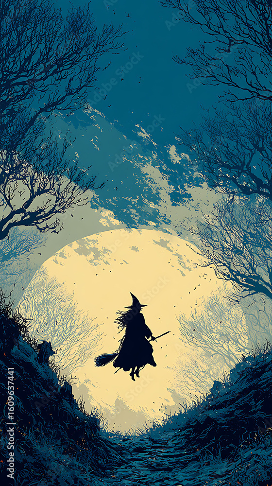 Fototapeta premium Dark Moonlit Landscape with Witch Flying on Broomstick at Night