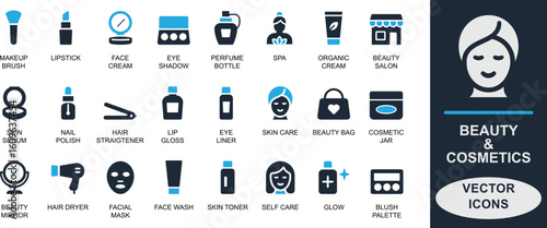 
Stylish icon set of beauty and cosmetics. Featuring beauty, makeup, skincare, lipstick, brush, cream, serum, spa, and cosmetics elements. Ideal for UI, apps, eCommerce, and salon branding.