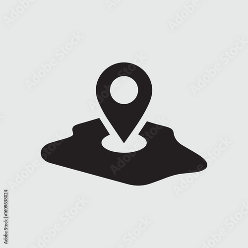 Black map pin icon on a stylized island shape against a light gray background