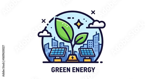 Plant growing from solar panels with city skyline in background illustration.