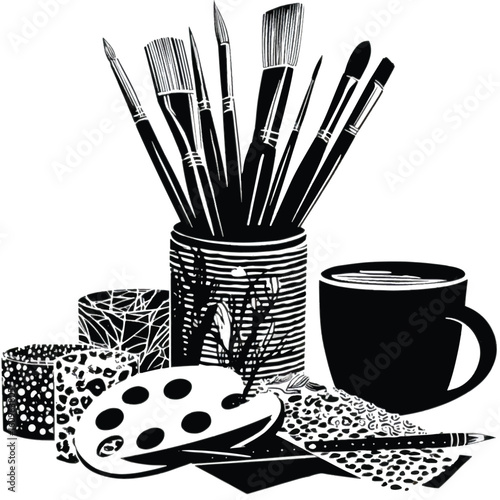 Black and White Artist Still Life with Brushes Palette and Coffee Representing Artistic Creativity and Inspiration
