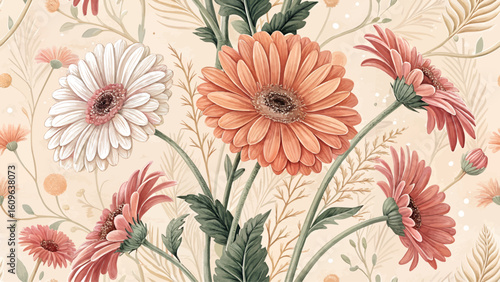 Seamless digital illustration. Floral pattern. High resolution Gerbera Daisy flower. Pastel orange background. Design for textile print or wallpaper.