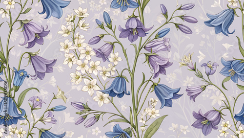 Seamless digital illustration. Floral pattern. Bluebell flower and Stock flower. High resolution. Pastel purple background. Design for textile print or wallpaper.
