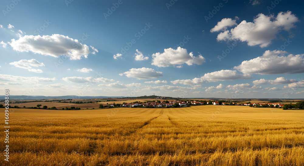 Golden wheat field stretches towards a village under a cloudy blue sky Golden wheat field stretches towards a village under a cloudy blue sky