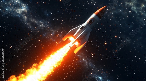 Fototapeta Naklejka Na Ścianę i Meble -  A stylized rocket ship blasting off into deep space with stars and nebulae in view