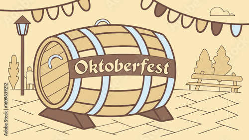 Oktoberfest Wooden Barrel with Blue-White Ribbons in Beer Garden – Vector Festival Scene, Generative AI