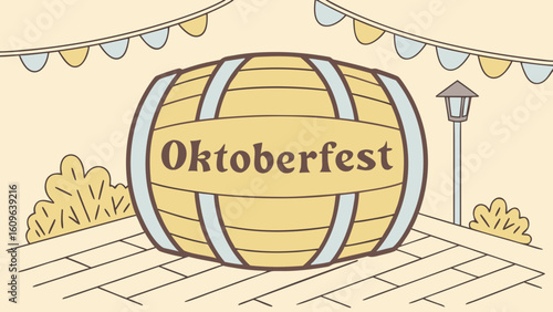 Oktoberfest Wooden Barrel with Blue-White Ribbons in Beer Garden – Vector Festival Scene, Generative AI