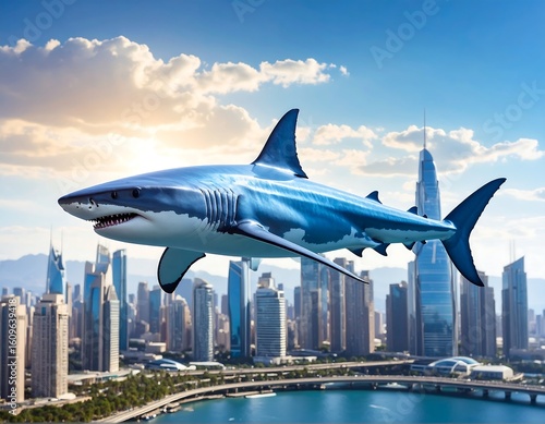 Wallpaper Mural A great white shark soaring over a modern city skyline Torontodigital.ca
