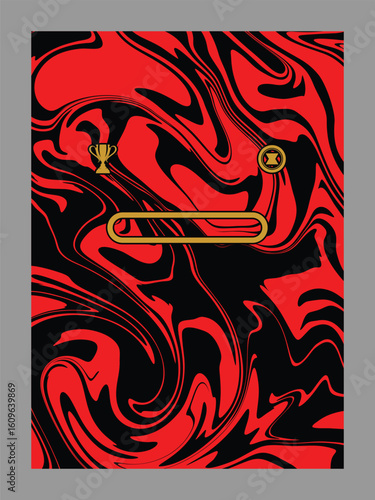 Abstract Red and Black Swirls with Trophy and Badge