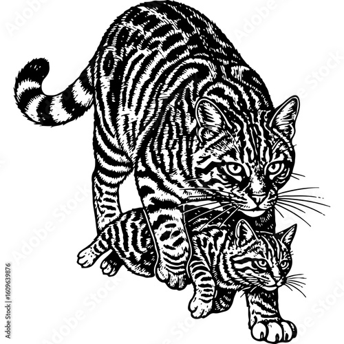 Woodcut Style Spotted Wild Cat and Kitten Illustration. Vintage Black and White Engraving of Feline Mother and Cub.