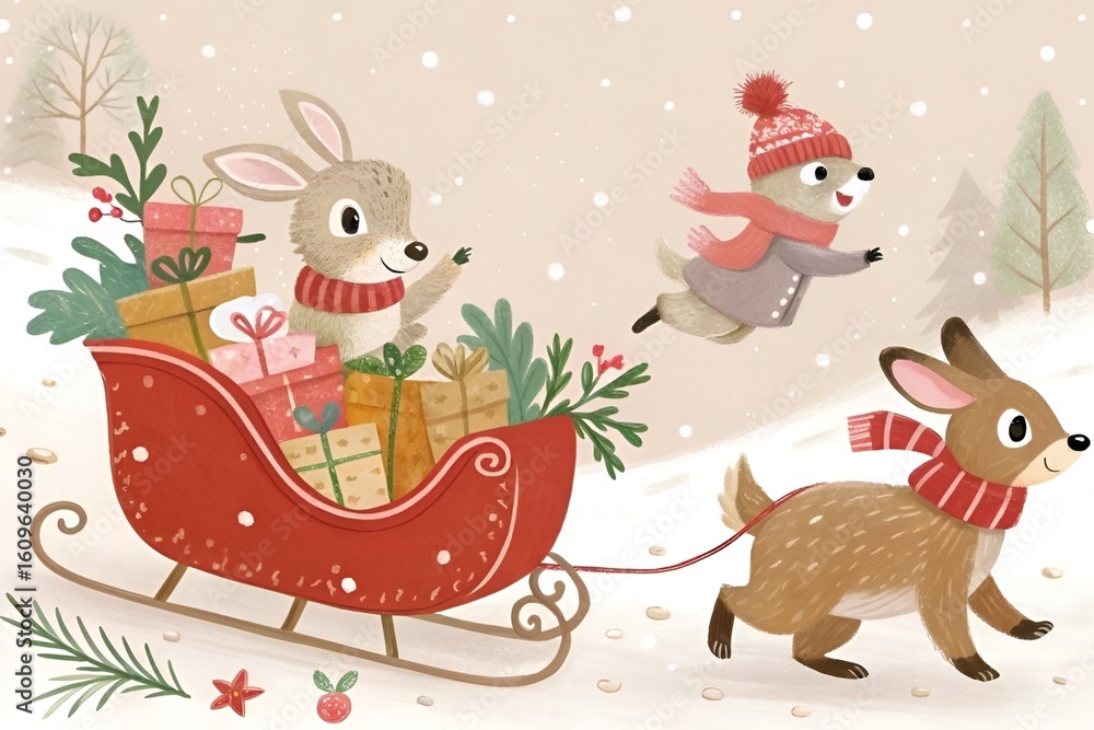 Fototapeta premium Whimsical Christmas Animal Illustration – Cute Winter Scene with Sleigh, Gifts, and Cozy Holiday Vibes