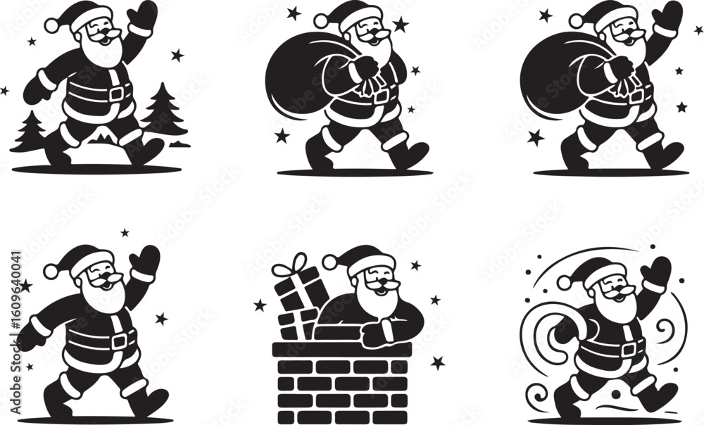 Fototapeta premium Christmas Bell, snowman, santa, christmas tree Silhouette Icon Set – Festive Vector Collection with Ribbons and Stars.