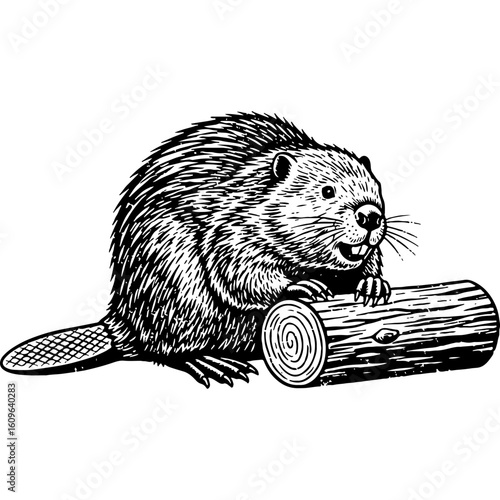 Vintage Woodcut Style Beaver Illustration with Log. Black and white engraving of a cute North American rodent with timber.