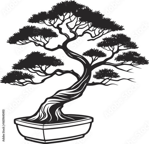 Bonsai tree silhouette vector illustration on white background with natural design elements