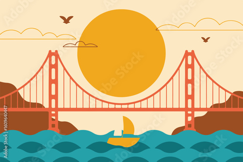 premium san francisco bridge vector design with sailboat sun and minimalist landscape