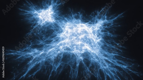 Three bright blue light sources with intricate web-like patterns resembling neural networks, central intense brightness,
