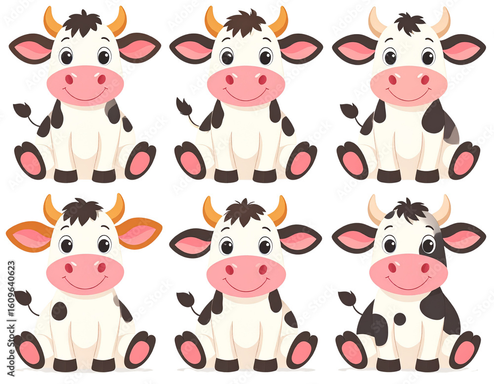 Fototapeta premium Set Cute Cartoon Cow Sitting with Big Eyes and Pink Nose, Front View, Isolated PNG