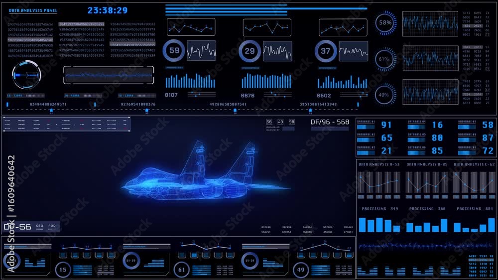 Futuristic Military Jet Wireframe on Tactical Heads-Up Display Interface with Real-Time Flight Metrics and Data Analytics Dashboard
