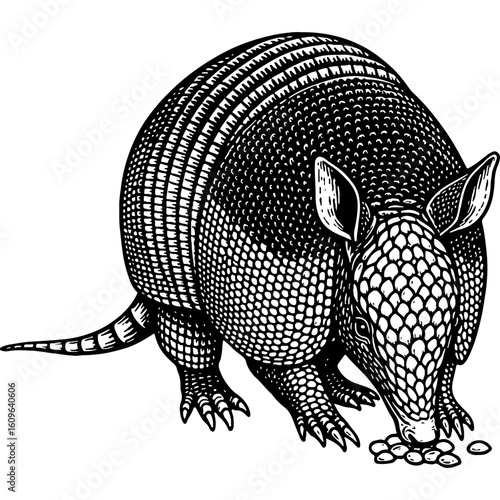 Vintage Woodcut Style Armadillo Illustration. Detailed black and white engraving of a wild animal, foraging for food. Retro wildlife art.