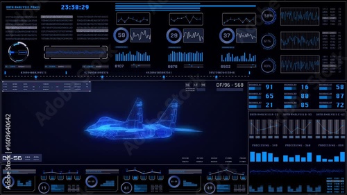 Futuristic Military Jet Wireframe on Tactical Heads-Up Display Interface with Real-Time Flight Metrics and Data Analytics Dashboard