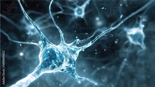 Digital artwork showcasing intricately designed artificial neuron cells with glowing branching structures in dark blue s