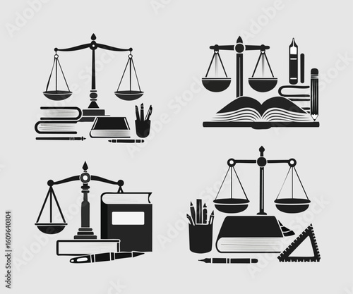 Black and White Vector Illustration of Education Accessories – School Supplies Set Including Books, Backpack, Pencil, Ruler, and Stationery – Line Art Design for Learning Concepts