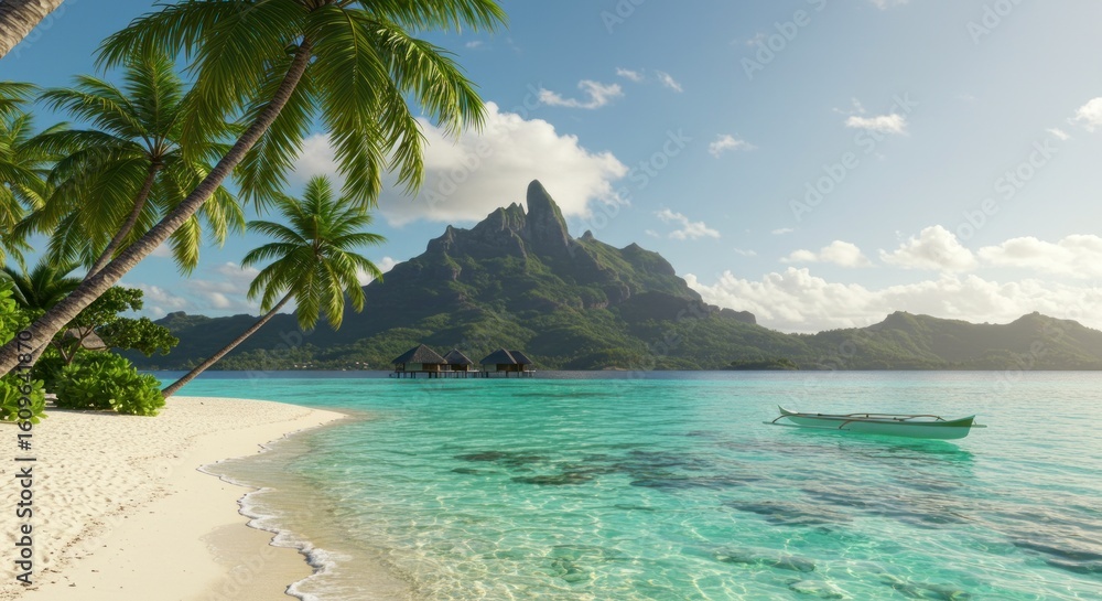 Naklejka premium Tropical paradise Palm trees white sand beach turquoise water overwater bungalows and a mountain