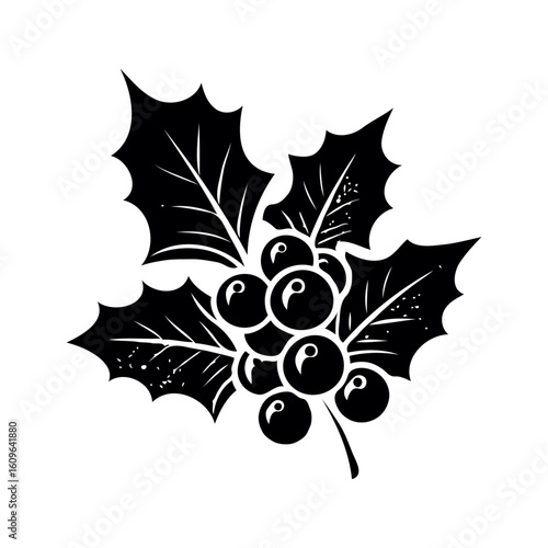 Holly leaves and berries in a bold graphic style on a clean white background, symbolizing a festive and seasonal holiday concept