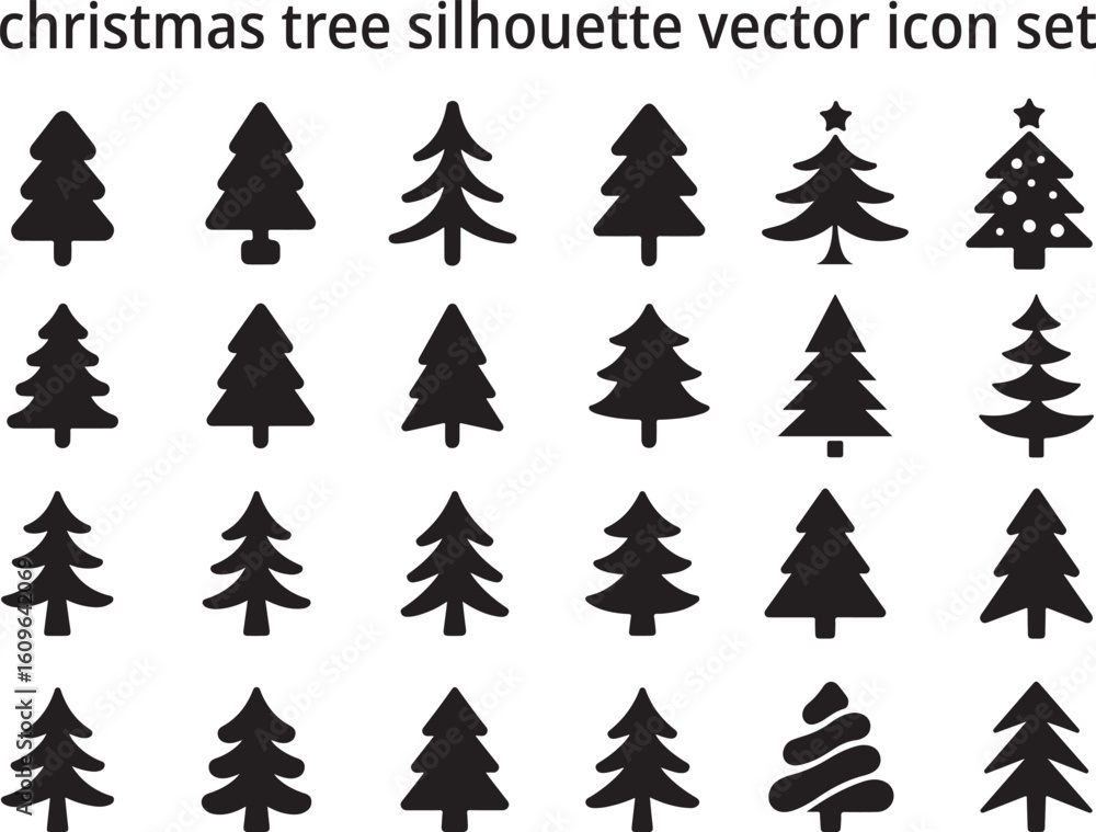 Obraz premium Christmas Tree Silhouette Vector Icon Set, Holiday Pine Tree Collection in Black.
