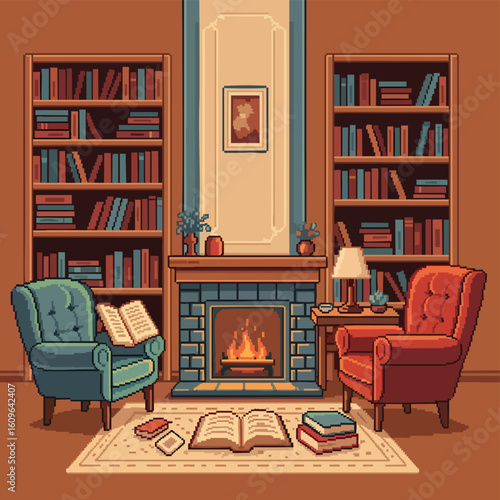 Cozy Pixel Art Library Room with Fireplace and Armchairs.