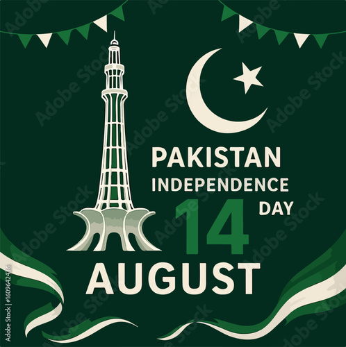 14 August 2025 – Celebrate Pakistan Independence Day with Minar-e-Pakistan, Crescent Moon, National Green Theme, and Patriotic Decorations