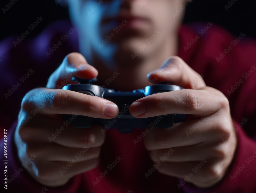 Fototapeta premium Close-up of hands playing a video game controller, intense focus. Gaming, entertainment. Dynamic lighting.