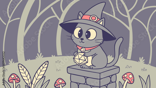 Cute cat wizard with hat and dice in fantasy forest illustration for kids and fantasy lovers art print