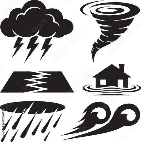 Severe Weather Silhouette Icon Set – Storm, Tornado, Earthquake, Lightning, and Flood Disaster Symbols