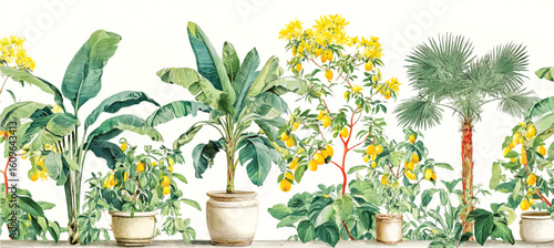 Botanical Illustration of Tropical Plants Banana Trees Lemons and Palm Trees for Home Decor and Interior Design Projects
