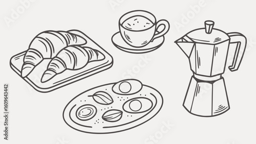 Breakfast food vector art croissants coffee eggs moka pot delicious morning meal bakery cafe illustration
